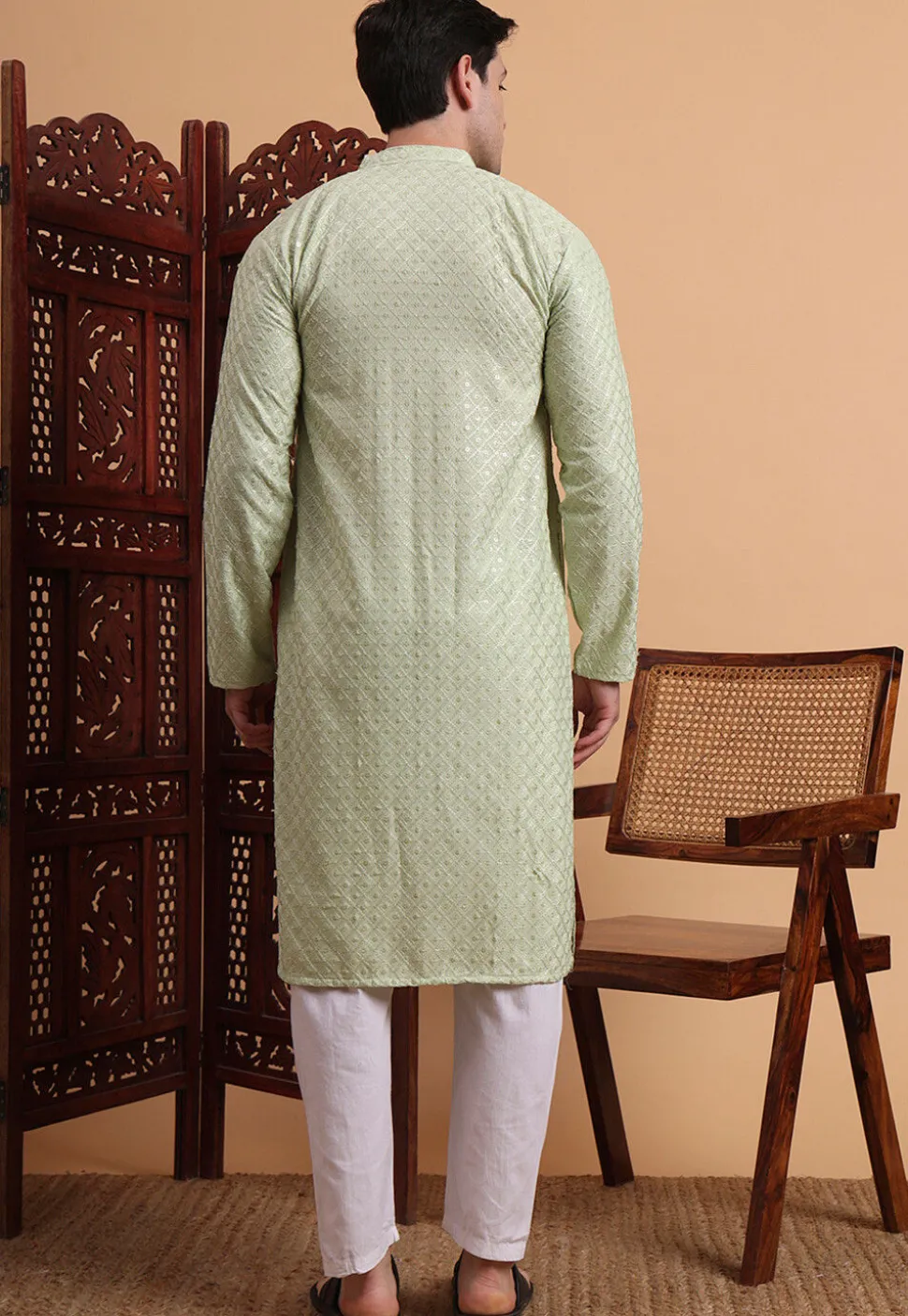 Embroidered Rayon Kurta Set in Light Green
