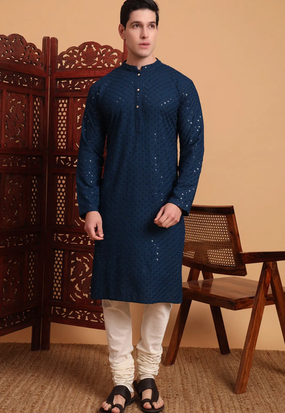 Embroidered Rayon Kurta Set in Dark Teal Blue