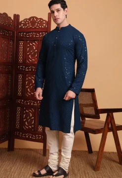 Embroidered Rayon Kurta Set in Dark Teal Blue