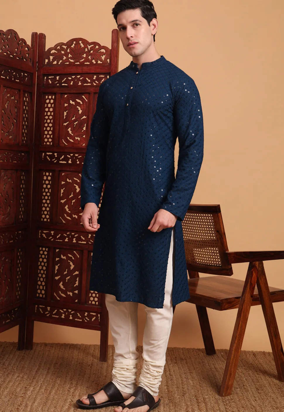Embroidered Rayon Kurta Set in Dark Teal Blue