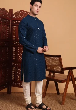 Embroidered Rayon Kurta Set in Dark Teal Blue