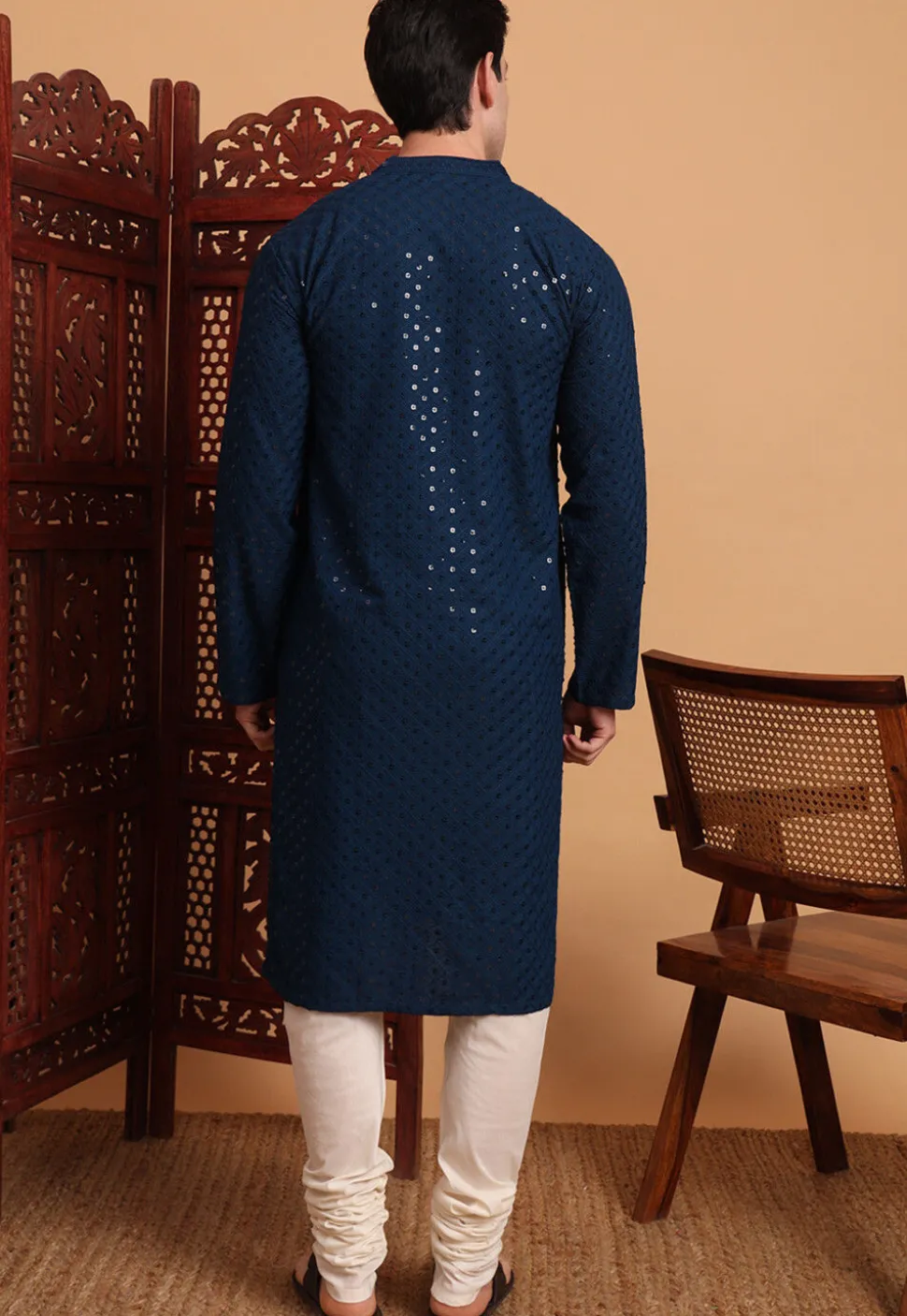 Embroidered Rayon Kurta Set in Dark Teal Blue