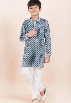 Embroidered Rayon Kurta Set in Teal Blue