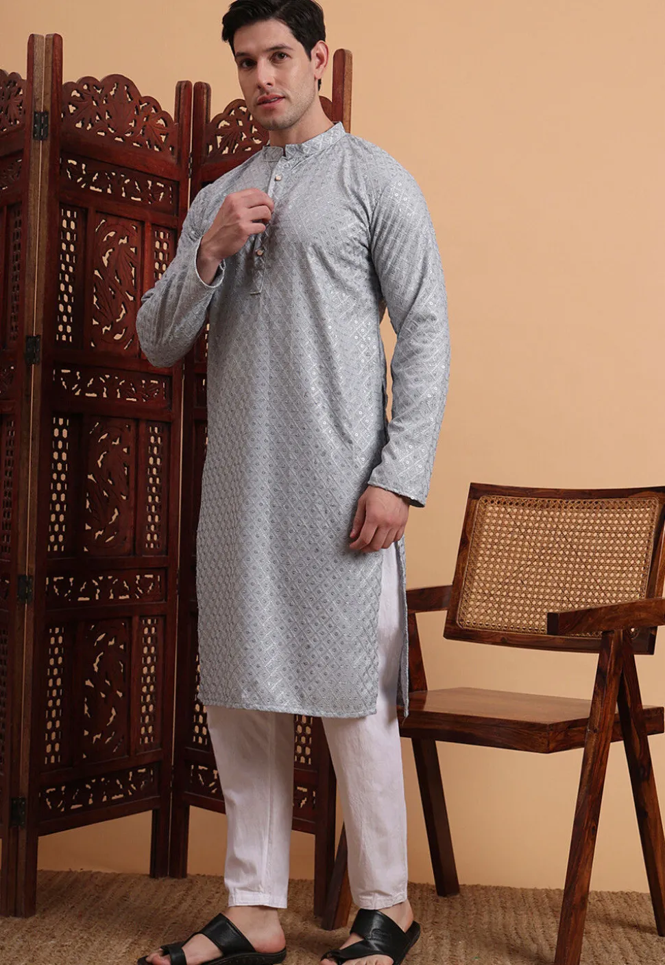 Embroidered Rayon Kurta Set in Grey