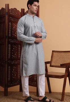 Embroidered Rayon Kurta Set in Grey
