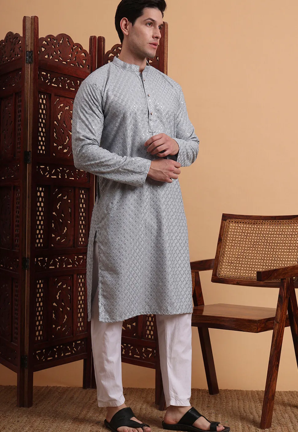 Embroidered Rayon Kurta Set in Grey