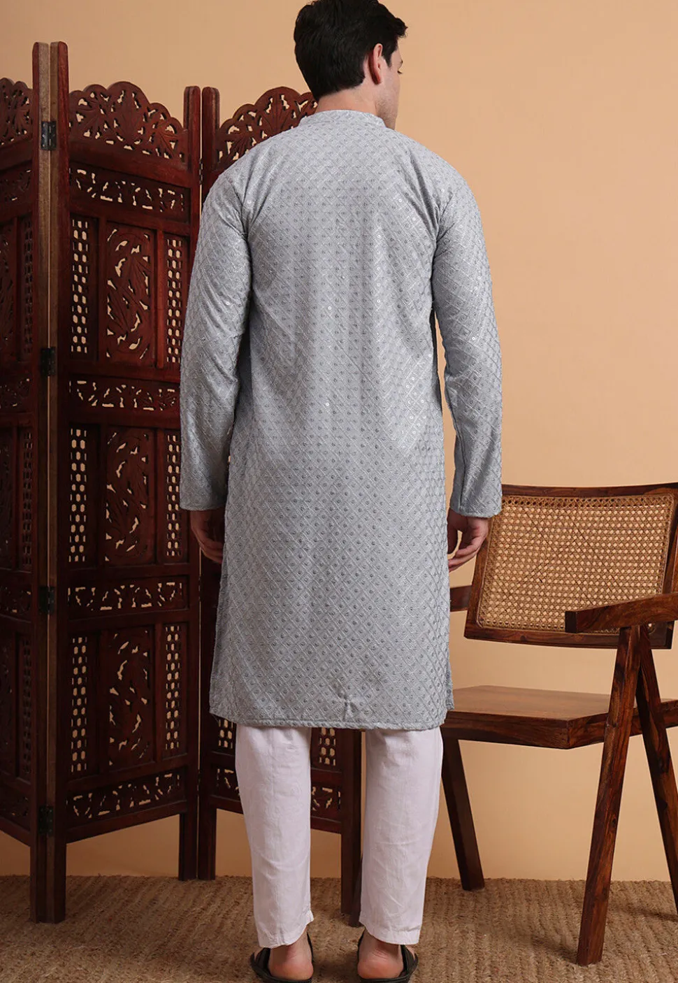 Embroidered Rayon Kurta Set in Grey