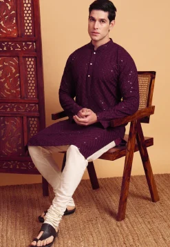 Embroidered Rayon Kurta Set in Violet