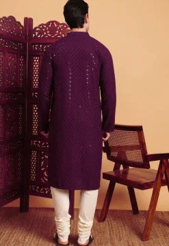 Embroidered Rayon Kurta Set in Violet