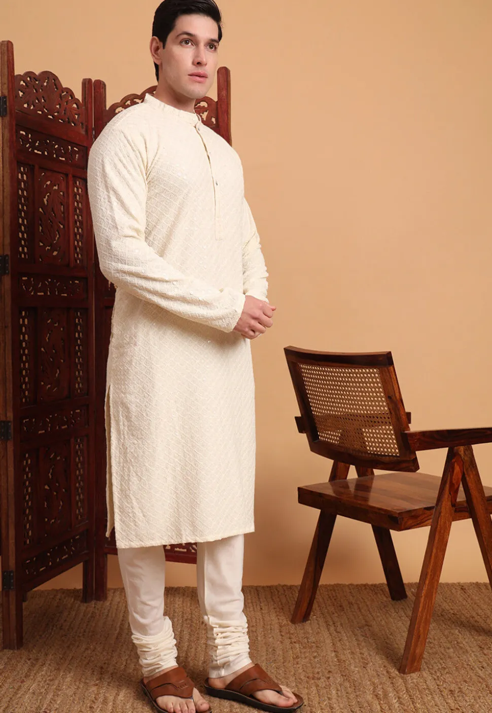 Embroidered Rayon Kurta Set in Cream