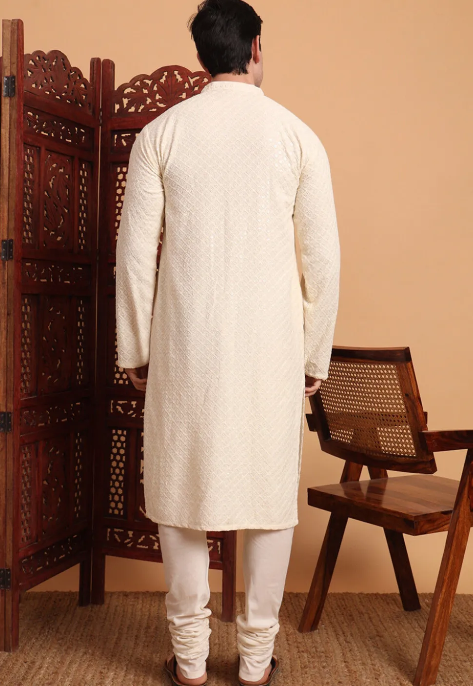 Embroidered Rayon Kurta Set in Cream