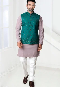 Embroidered Rayon Kurta Set in Purple and Teal Green