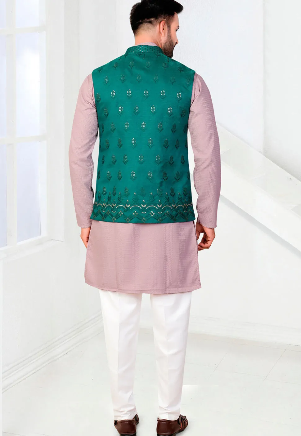 Embroidered Rayon Kurta Set in Purple and Teal Green