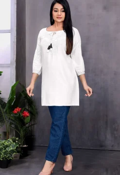 Embroidered Rayon Kurti in Off White