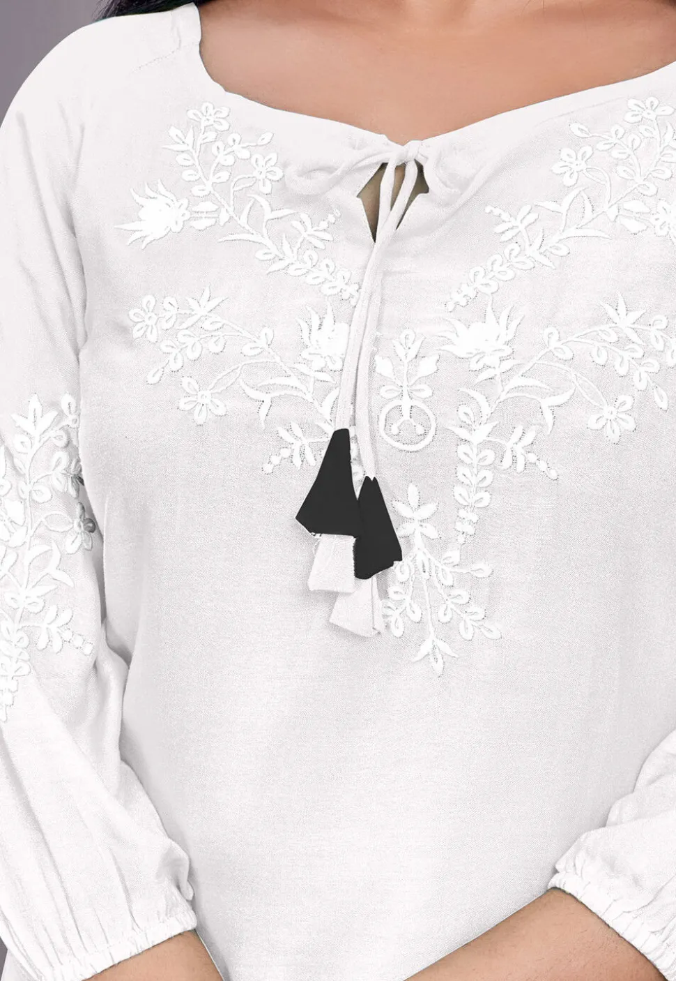 Embroidered Rayon Kurti in Off White