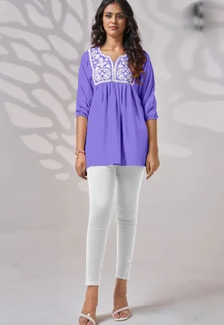 Embroidered Rayon Kurti in Purple