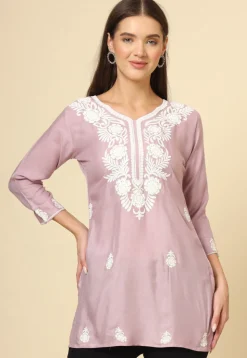 Embroidered Rayon Kurti in Light Purple