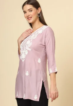 Embroidered Rayon Kurti in Light Purple