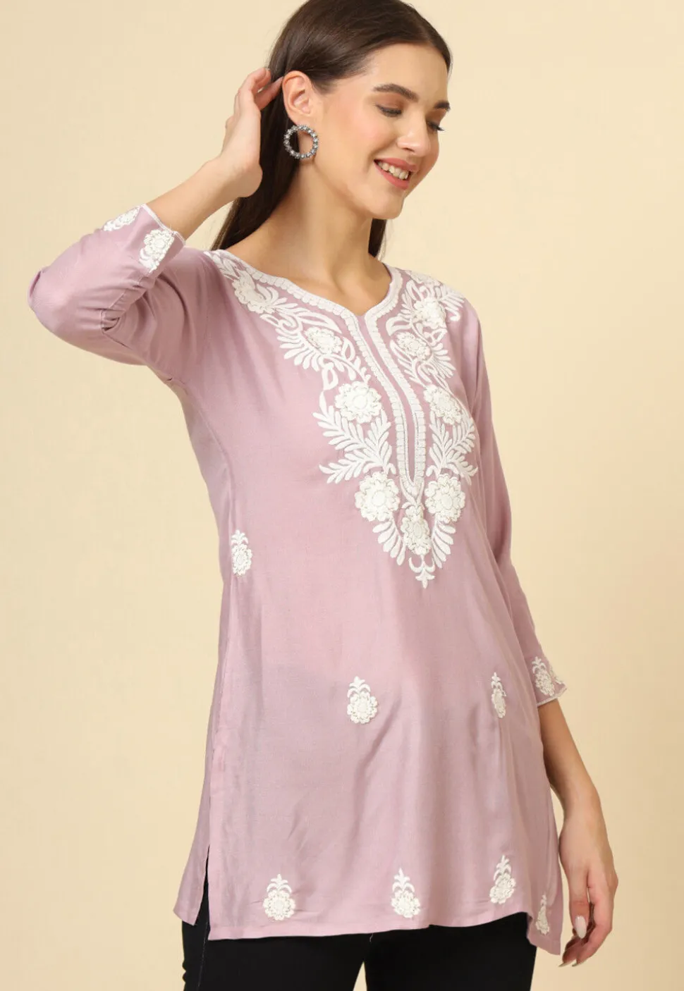 Embroidered Rayon Kurti in Light Purple