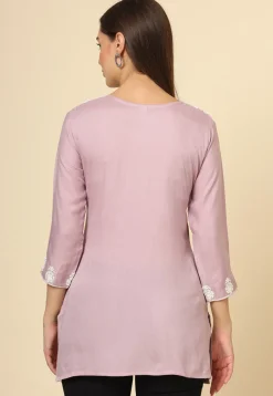 Embroidered Rayon Kurti in Light Purple