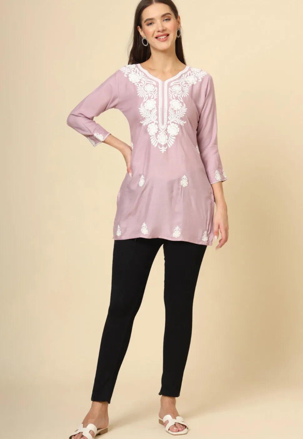 Embroidered Rayon Kurti in Light Purple