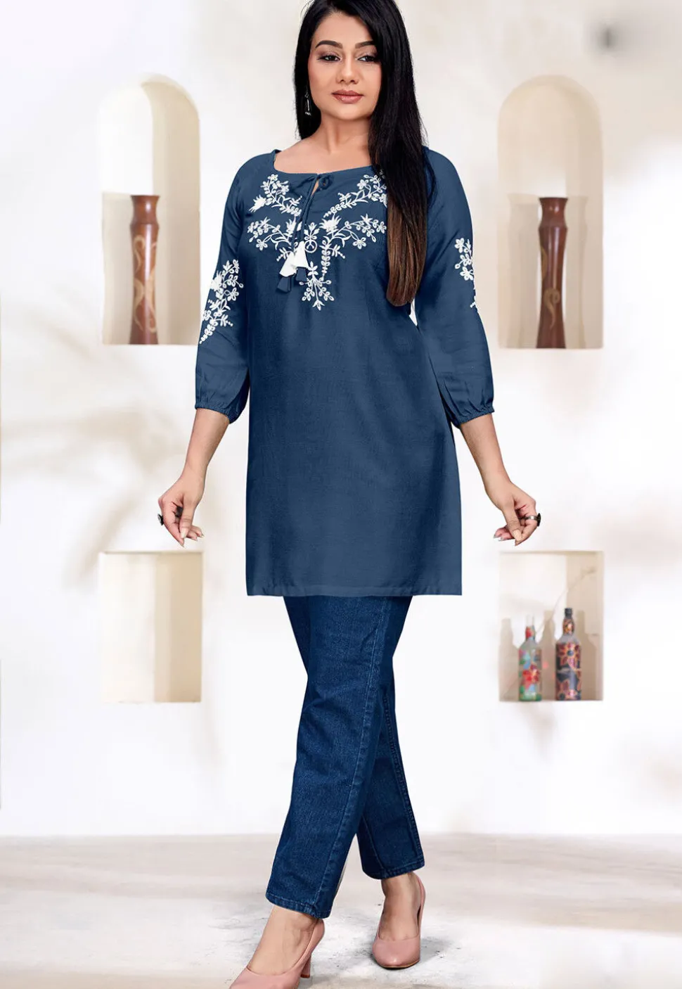 Embroidered Rayon Kurti in Blue