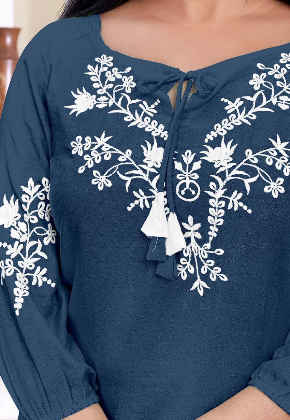 Embroidered Rayon Kurti in Blue