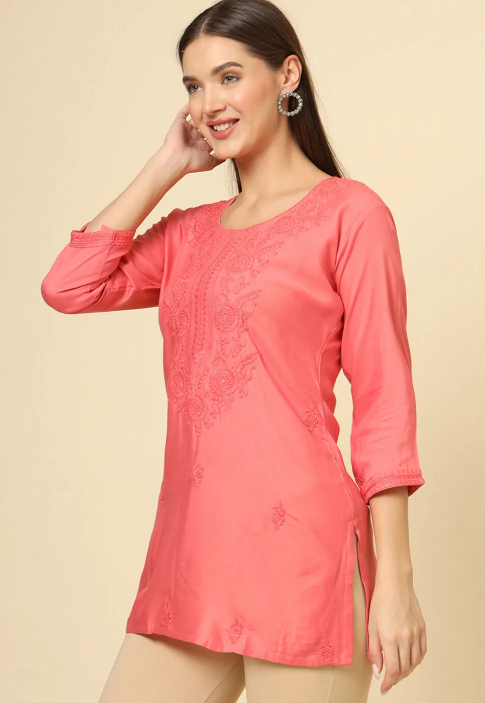 Embroidered Rayon Kurti in Peach