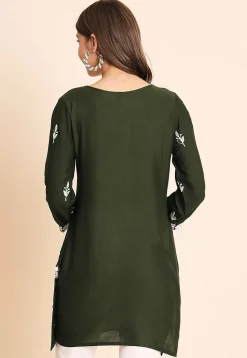 Embroidered Rayon Kurti in Dark Olive Green