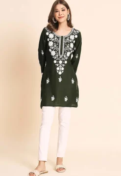 Embroidered Rayon Kurti in Dark Olive Green