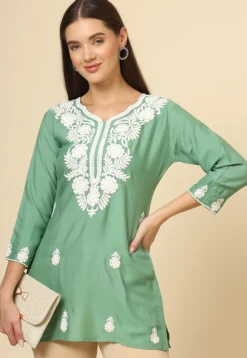 Embroidered Rayon Kurti in Green
