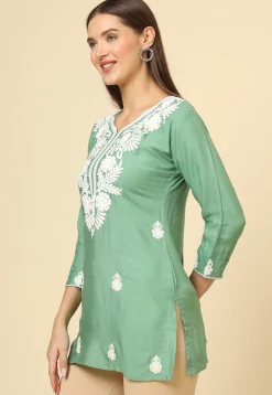 Embroidered Rayon Kurti in Green