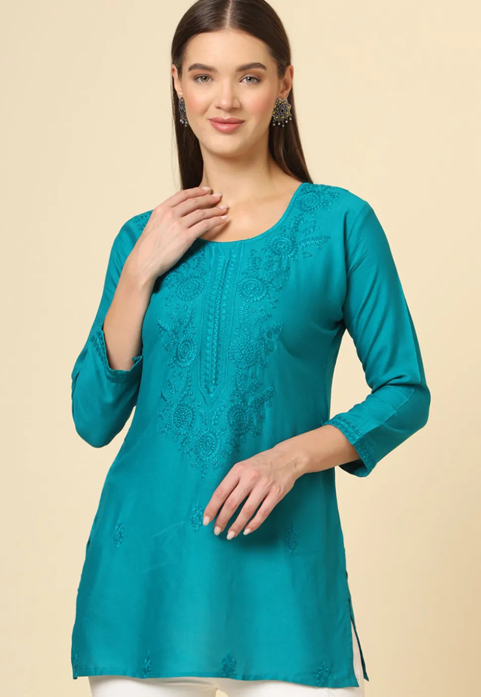 Embroidered Rayon Kurti in Teal Blue