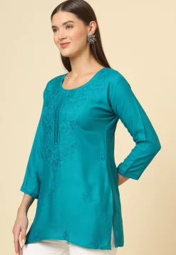 Embroidered Rayon Kurti in Teal Blue