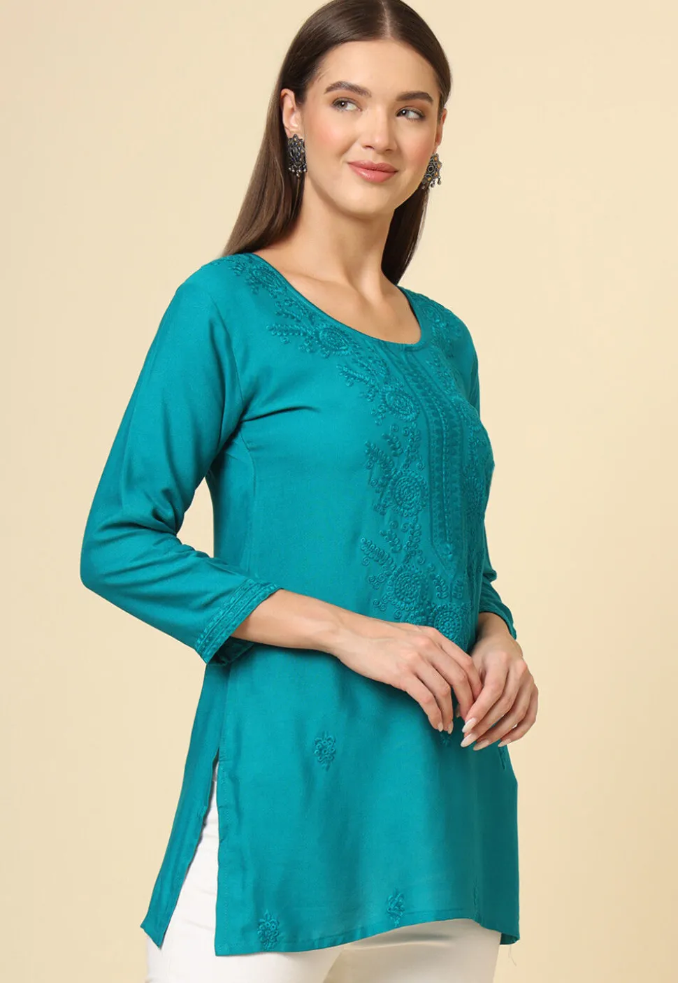 Embroidered Rayon Kurti in Teal Blue