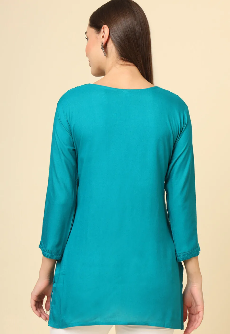 Embroidered Rayon Kurti in Teal Blue