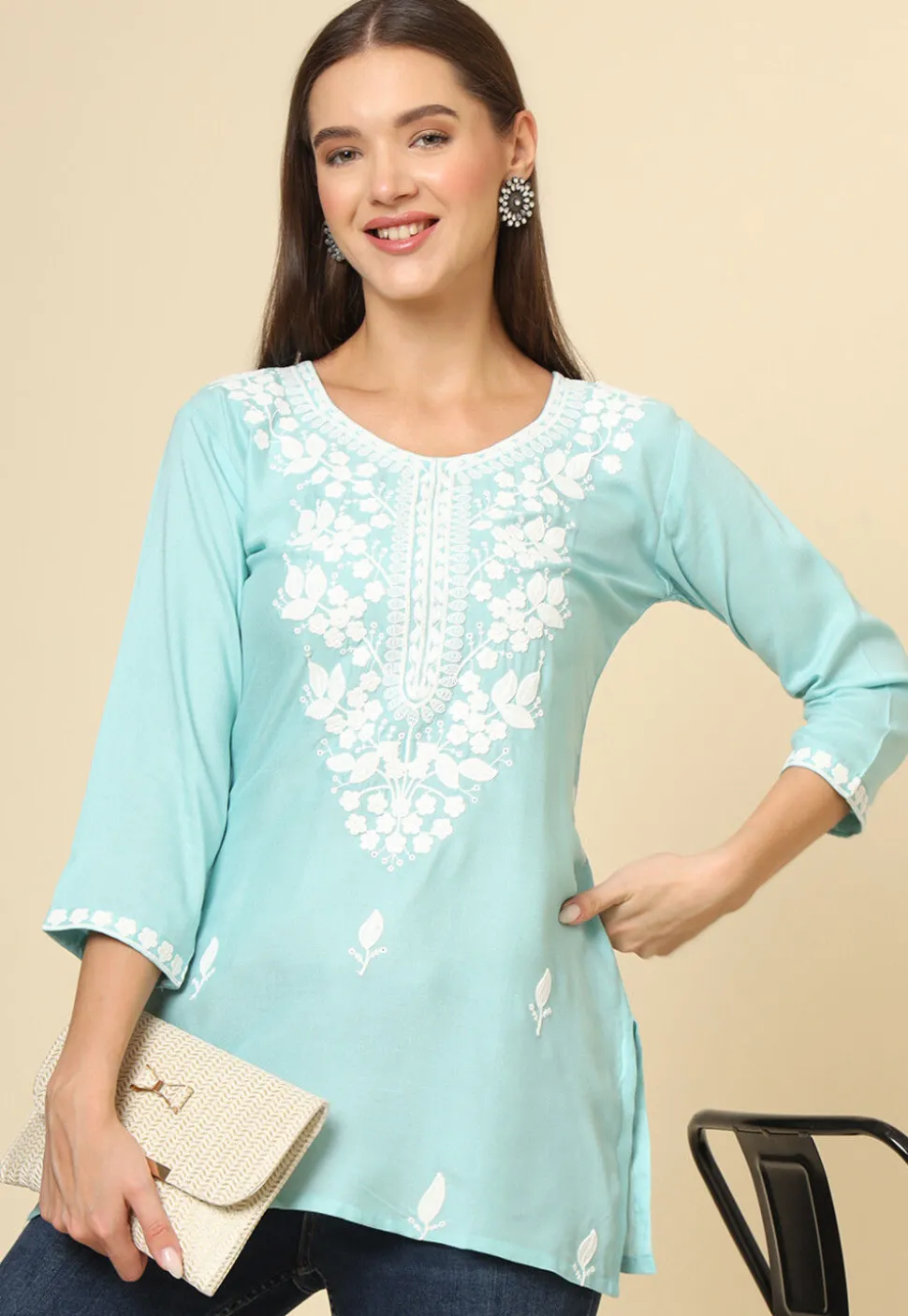 Embroidered Rayon Kurti in Sky Blue