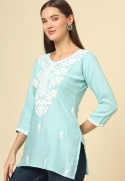 Embroidered Rayon Kurti in Sky Blue