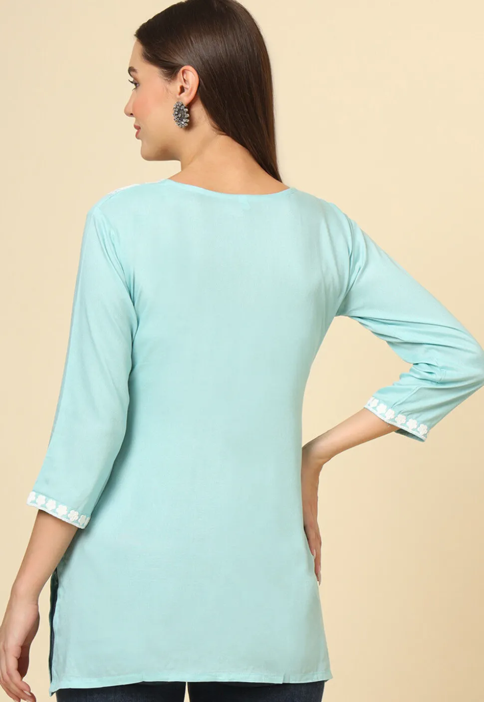 Embroidered Rayon Kurti in Sky Blue