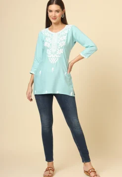 Embroidered Rayon Kurti in Sky Blue