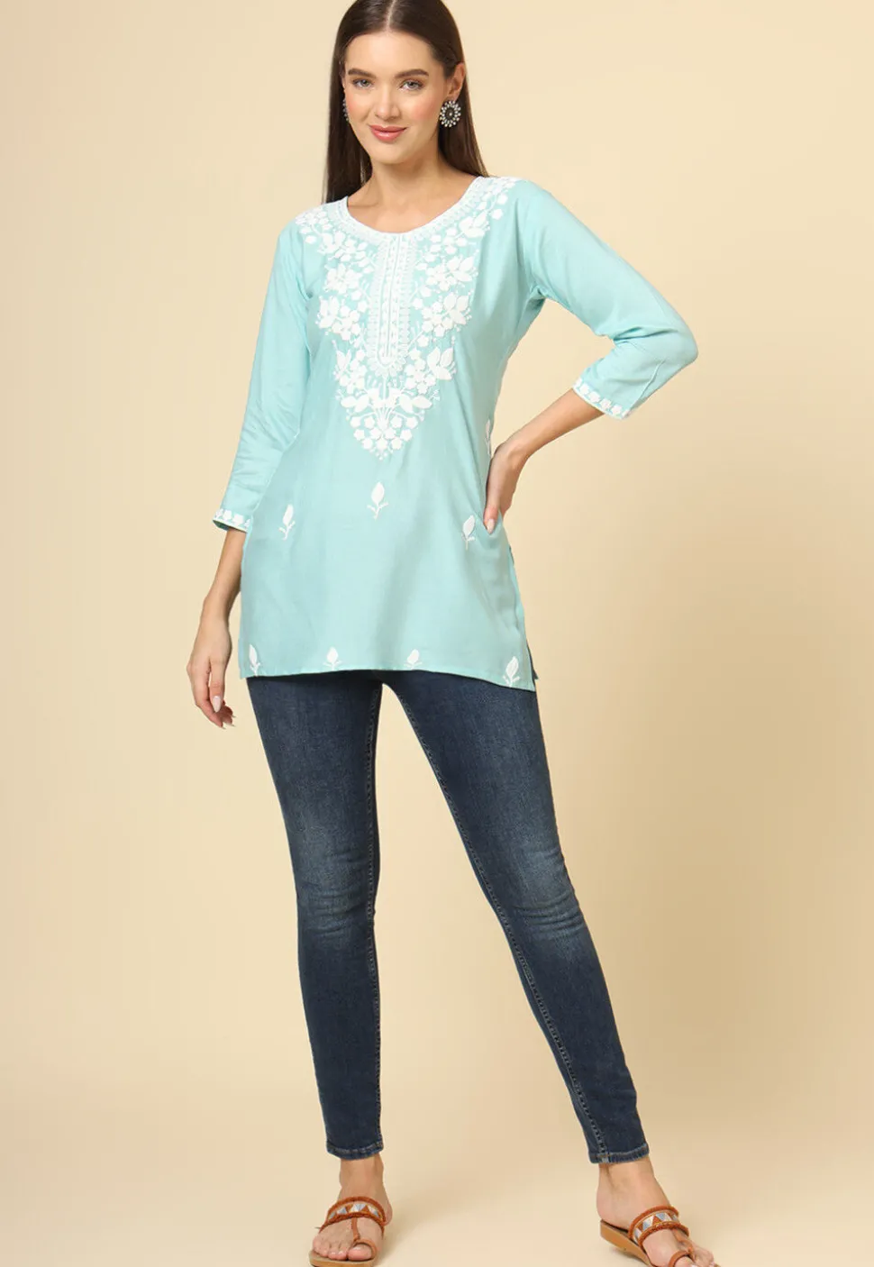 Embroidered Rayon Kurti in Sky Blue