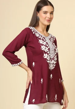 Embroidered Rayon Kurti in Wine