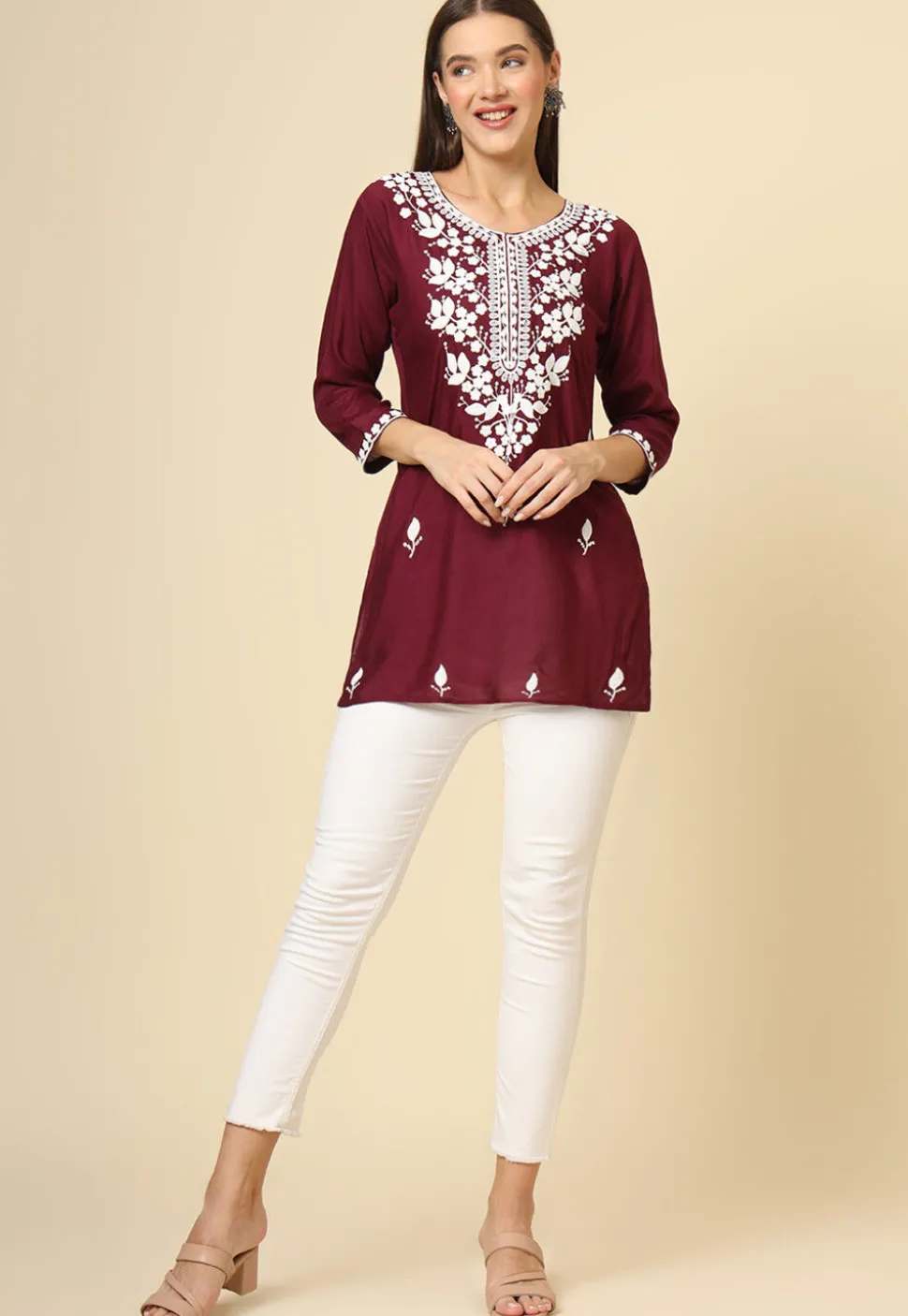 Embroidered Rayon Kurti in Wine