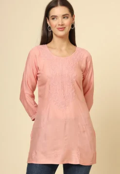 Embroidered Rayon Kurti in Peach