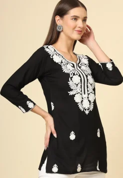 Embroidered Rayon Kurti in Black