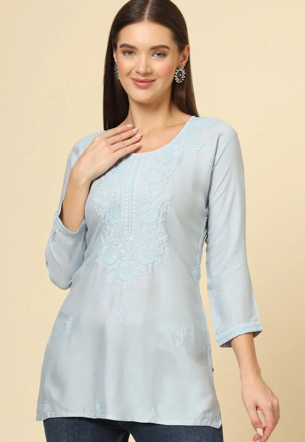 Embroidered Rayon Kurti in Grey