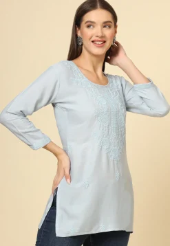 Embroidered Rayon Kurti in Grey