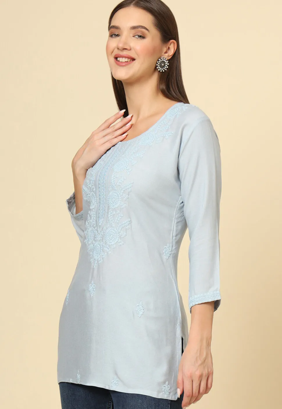 Embroidered Rayon Kurti in Grey
