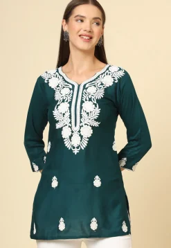 Embroidered Rayon Kurti in Teal Green