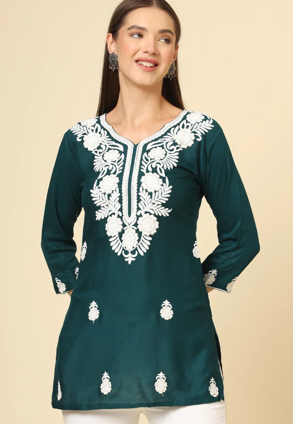 Embroidered Rayon Kurti in Teal Green